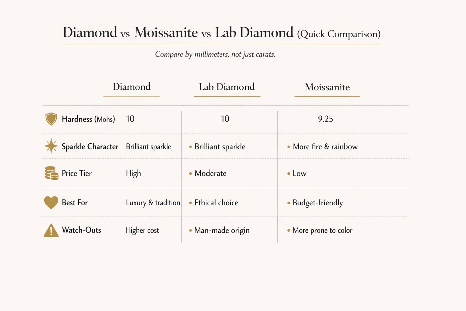 Diamond vs moissanite vs lab diamond comparison grid showing hardness, sparkle character, price tier, best-for, and watch-outs