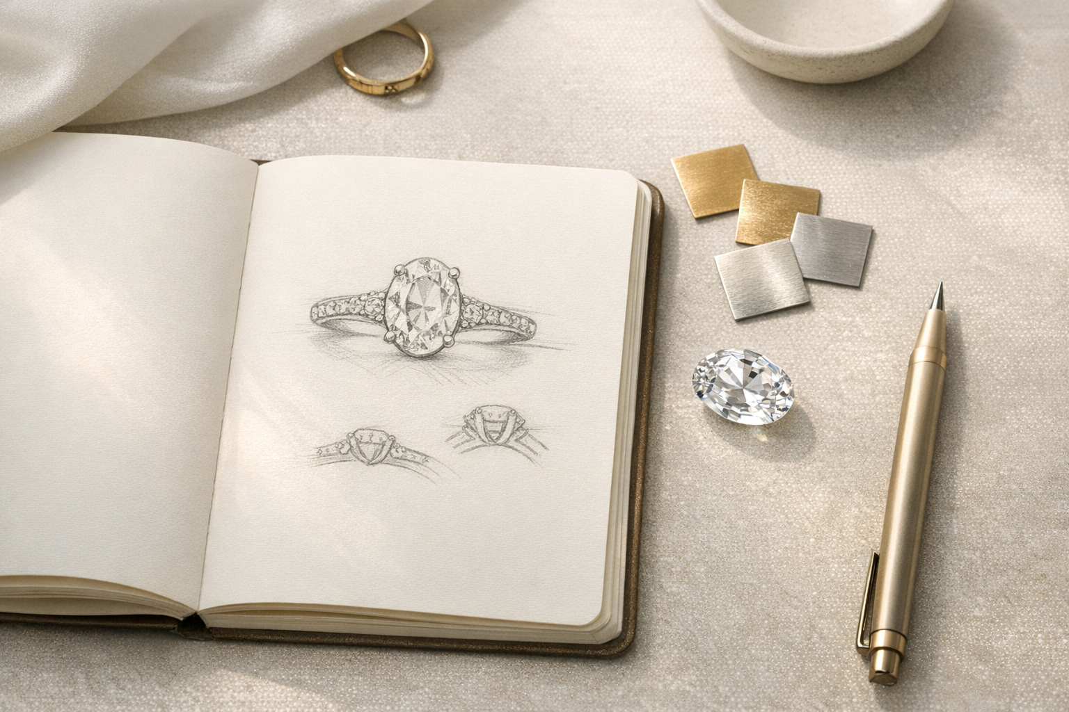 Luxury engagement ring design planning flatlay with a ring sketch, gemstone, and metal swatches in gold and platinum tones
