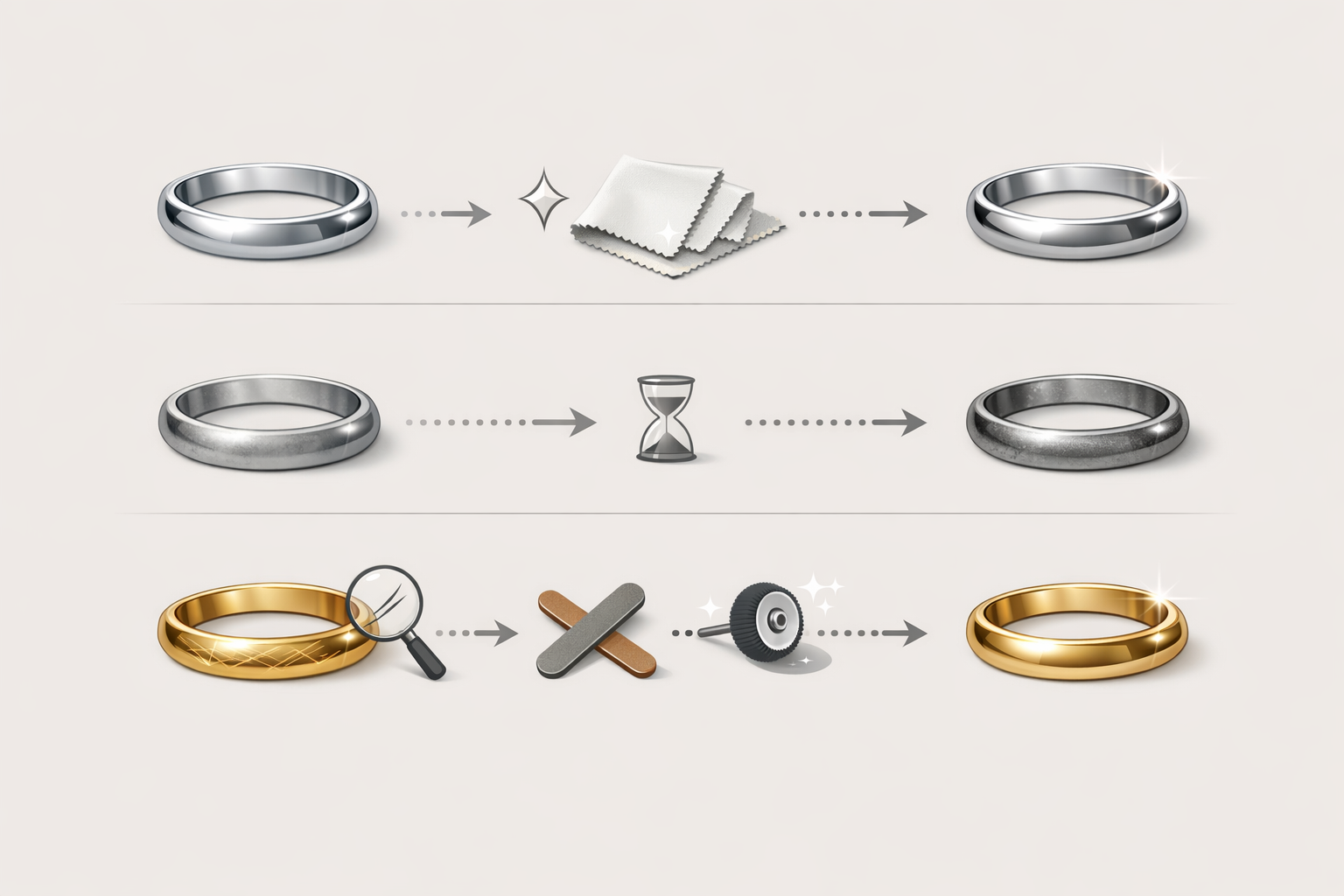 infographic showing maintenance differences between white gold rhodium plating platinum patina and yellow gold scratches